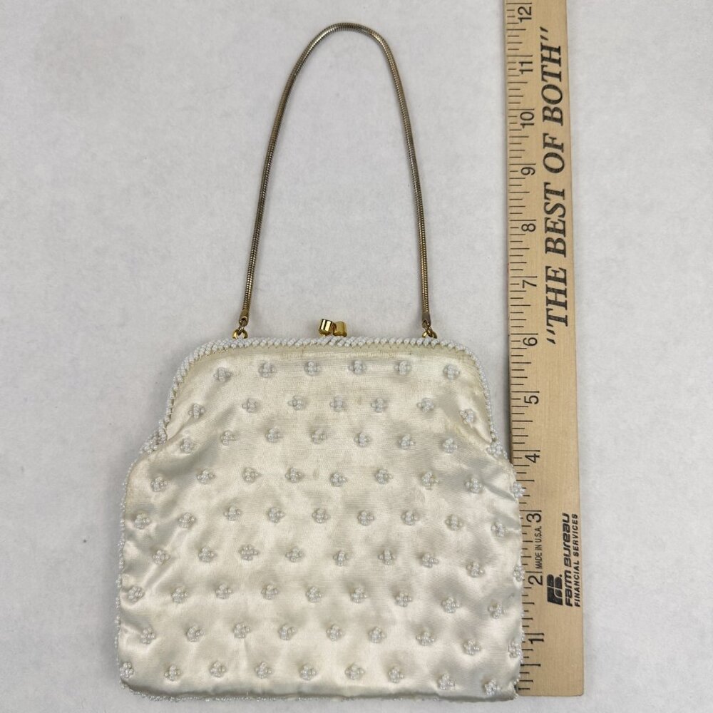 Vintage Womens White Beaded Geometric Floral Evening Bag Small Clutch Purse HK - Picture 10 of 12